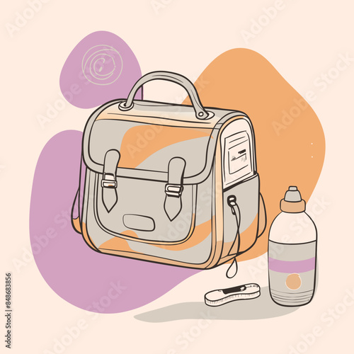 Baby care bag, kids infant child care stuff and accessory carrying travel bag for outdoor logo vector. baby toddler carry bag to pack diaper and milk bottle handbag symbol mark. mother child carry bag