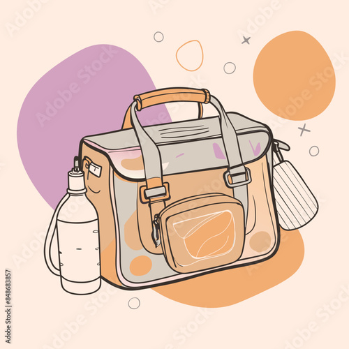Baby care bag, kids infant child care stuff and accessory carrying travel bag for outdoor logo vector. baby toddler carry bag to pack diaper and milk bottle handbag symbol mark. mother child carry bag