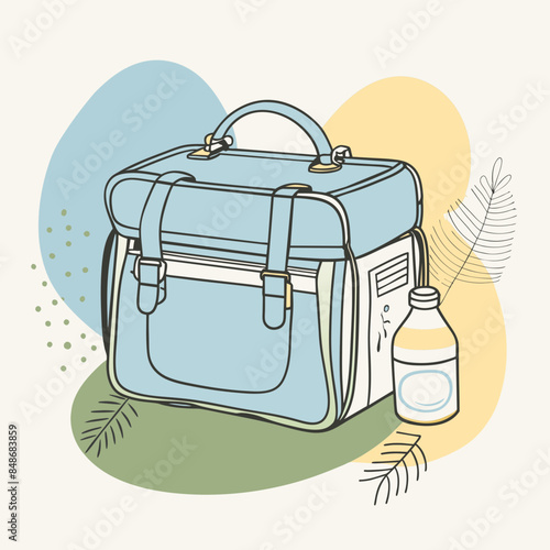 Baby care bag, kids infant child care stuff and accessory carrying travel bag for outdoor logo vector. baby toddler carry bag to pack diaper and milk bottle handbag symbol mark. mother child carry bag