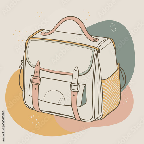 Baby care bag, kids infant child care stuff and accessory carrying travel bag for outdoor logo vector. baby toddler carry bag to pack diaper and milk bottle handbag symbol mark. mother child carry bag