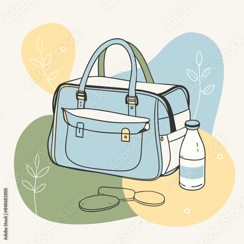 Baby care bag, kids infant child care stuff and accessory carrying travel bag for outdoor logo vector. baby toddler carry bag to pack diaper and milk bottle handbag symbol mark. mother child carry bag