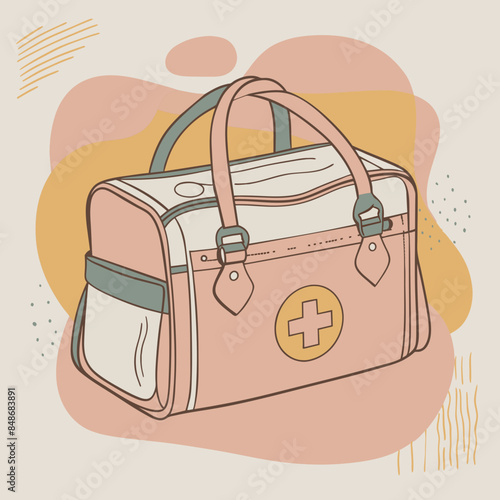 Baby care bag, kids infant child care stuff and accessory carrying travel bag for outdoor logo vector. baby toddler carry bag to pack diaper and milk bottle handbag symbol mark. mother child carry bag