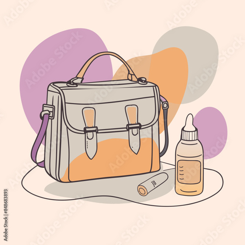 Baby care bag, kids infant child care stuff and accessory carrying travel bag for outdoor logo vector. baby toddler carry bag to pack diaper and milk bottle handbag symbol mark. mother child carry bag