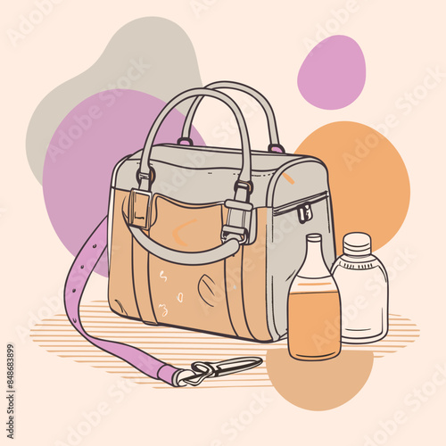 Baby care bag, kids infant child care stuff and accessory carrying travel bag for outdoor logo vector. baby toddler carry bag to pack diaper and milk bottle handbag symbol mark. mother child carry bag