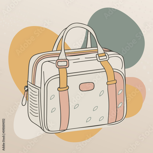 Baby care bag, kids infant child care stuff and accessory carrying travel bag for outdoor logo vector. baby toddler carry bag to pack diaper and milk bottle handbag symbol mark. mother child carry bag