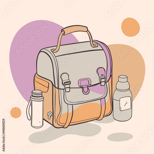 Baby care bag, kids infant child care stuff and accessory carrying travel bag for outdoor logo vector. baby toddler carry bag to pack diaper and milk bottle handbag symbol mark. mother child carry bag