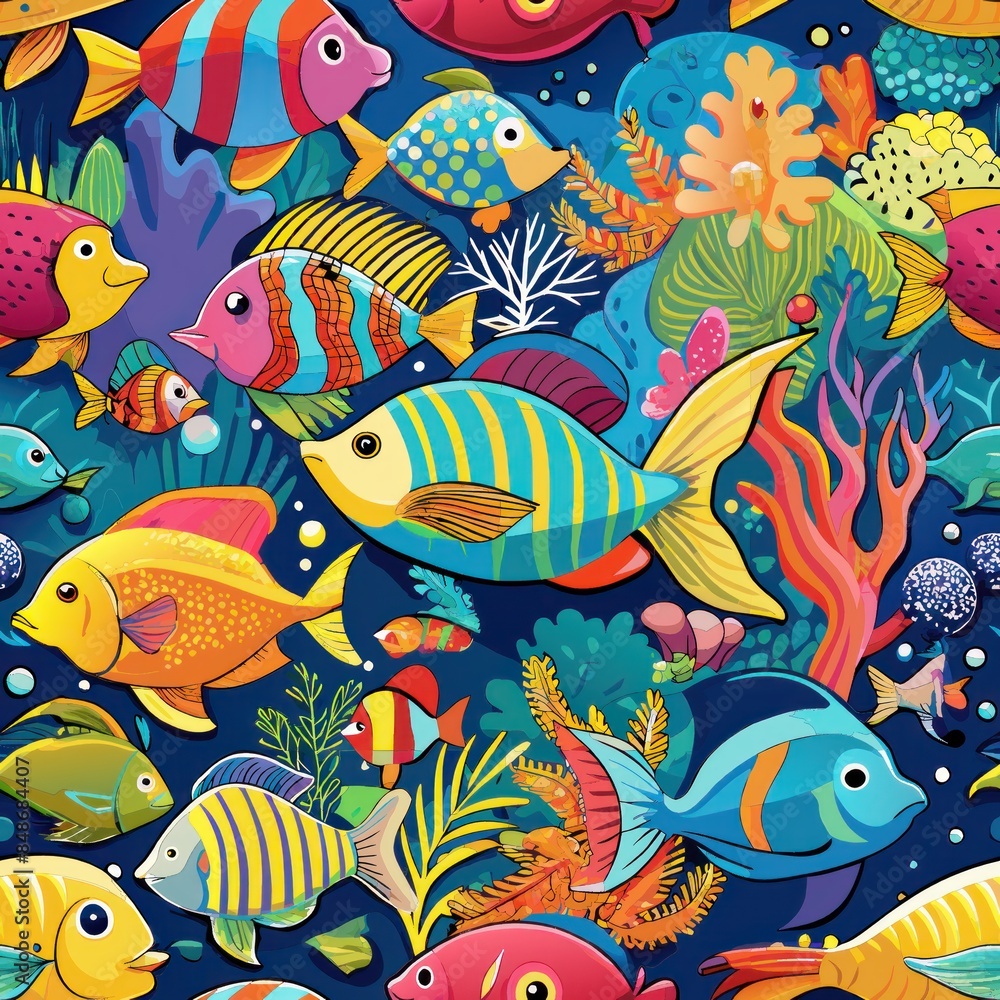 Seamless pattern of colorful tropical fish and marine life, creating a vibrant underwater scene teeming with biodiversity and life, Generative AI Seamless pattern of colorful tropical fish and marine life, creating a vibrant underwater scene teeming with biodiversity and life, Generative AI