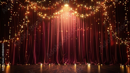 A festive theater stage with maroon curtains adorned with twinkling fairy lights, with a warm spotlight ready to highlight a holiday performance.