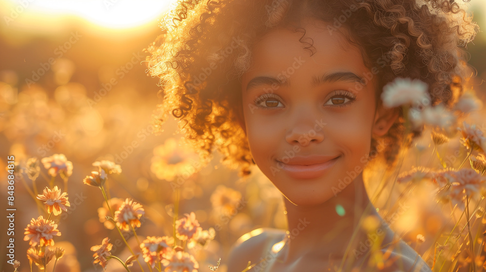 Portrait of a cute curly-haired young girl. She is walking in a field, rustic summer mood Portrait of a cute curly-haired young girl. She is walking in a field, rustic summer mood