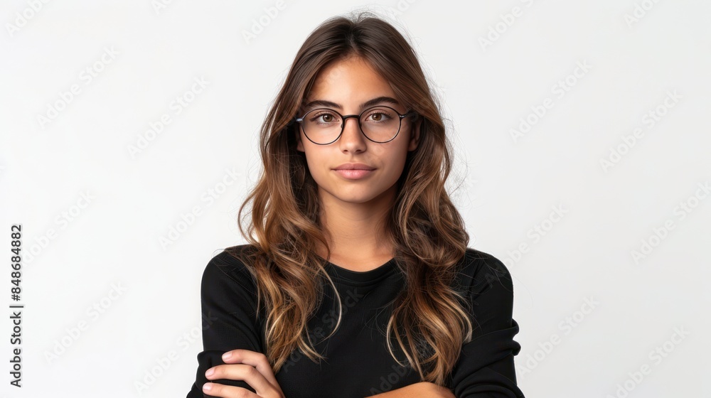 Confident Millennial Businesswoman with Folded Hands and Glasses Smiling for Headshot Portrait Confident Millennial Businesswoman with Folded Hands and Glasses Smiling for Headshot Portrait