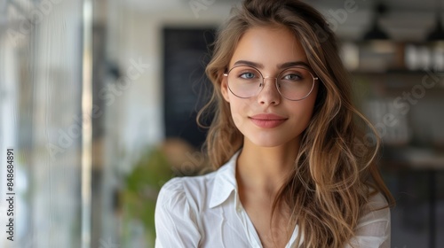 Confident Millennial Businesswoman with Folded Hands and Glasses Smiling for Headshot Portrait