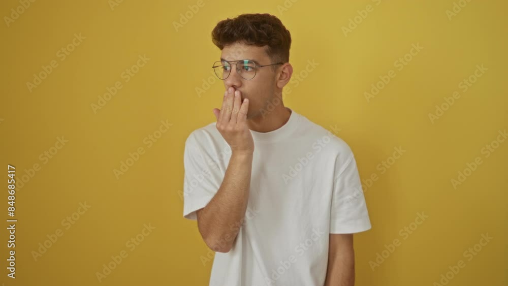 Young hispanic man wearing white t-shirt standing, mouth and hand covering expression of surprise and shock, afraid and shocked over isolated yellow background Young hispanic man wearing white t-shirt standing, mouth and hand covering expression of surprise and shock, afraid and shocked over isolated yellow background