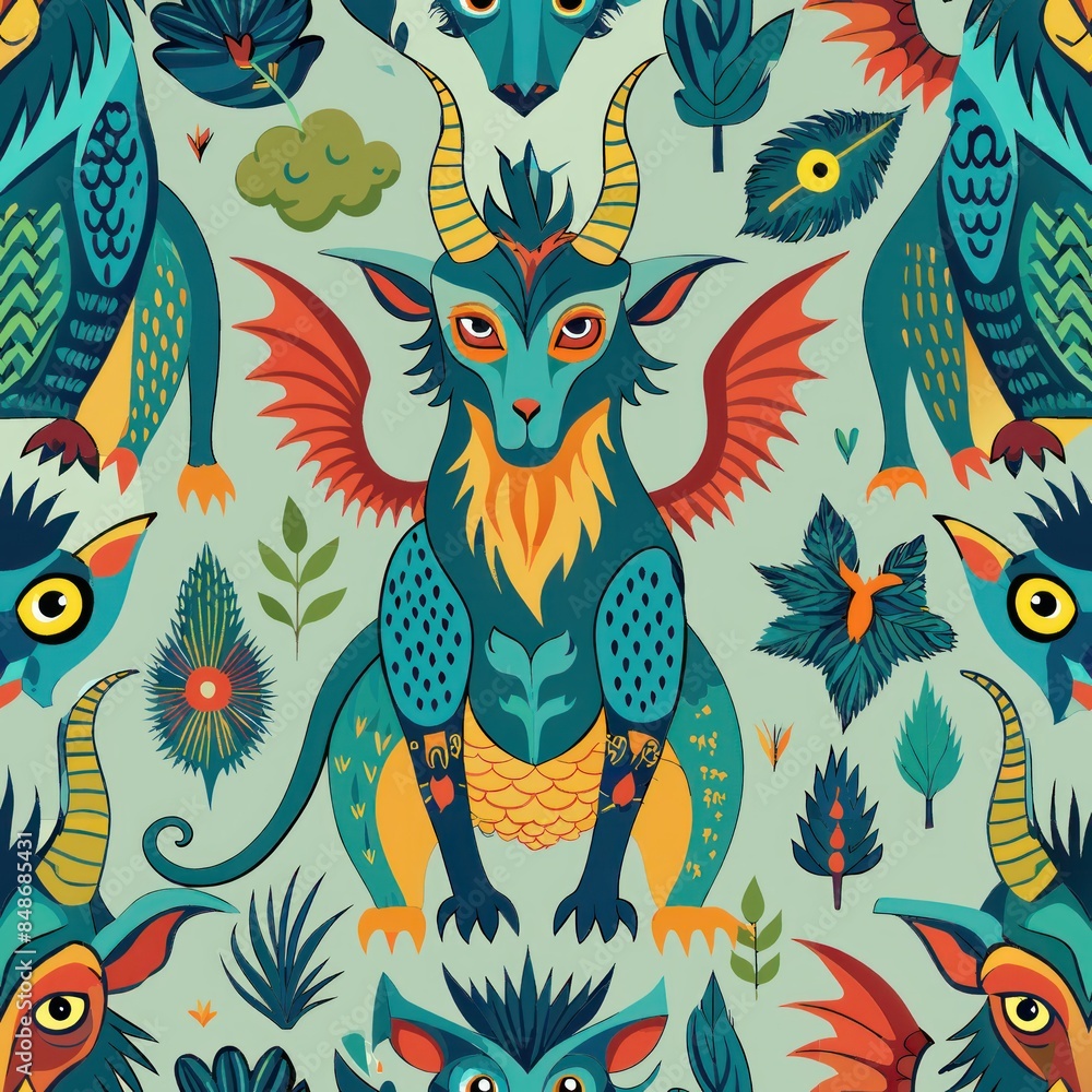 Obraz premium Seamless pattern of fantastical creatures inspired by mythology and folklore, blending elements of real and imaginary animals into a whimsical design, Generative AI