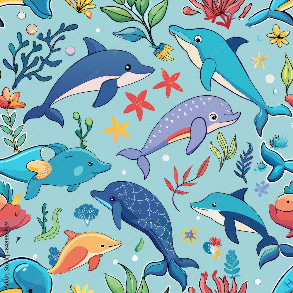 Seamless pattern of graceful sea creatures like dolphins, whales, and sea turtles swimming amid coral reefs and ocean waves, Generative AI Seamless pattern of graceful sea creatures like dolphins, whales, and sea turtles swimming amid coral reefs and ocean waves, Generative AI