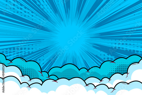 Blue Comic burst background with cloud and rays cartoon style