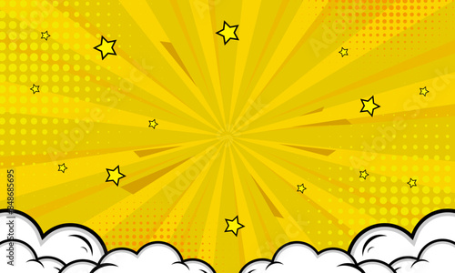 yellow comic background with clouds and stars cartoon style
