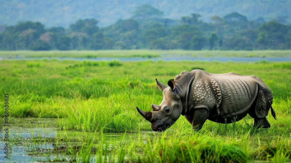 Fototapeta premium Two rhinoceroses grazing in a lush green field with a swampy background, capturing their majestic presence in the wild