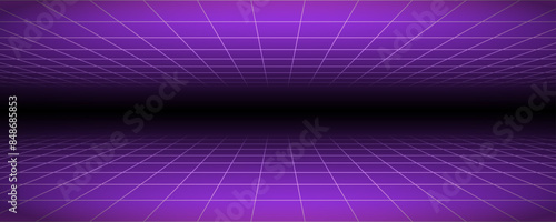 Glowing neon wireframe background. Purple checkered grid planes in perspective. Bright retro futuristic horizon wallpaper. Arcade game sci fi matrix surface. Vector backdrop for poster, banner