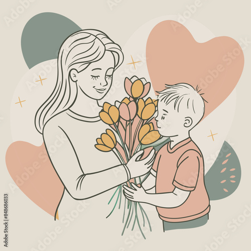 Mother and son line art vector illustration, mothers day celebration background
