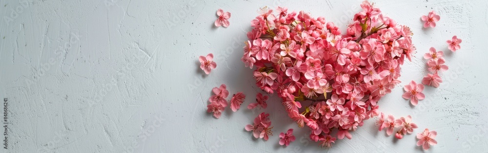Pink Flower Heart on Pastel Gray Background for Valentine's, Mother's & Women's Day - Flat Lay Top View Floral Composition Pink Flower Heart on Pastel Gray Background for Valentine's, Mother's & Women's Day - Flat Lay Top View Floral Composition