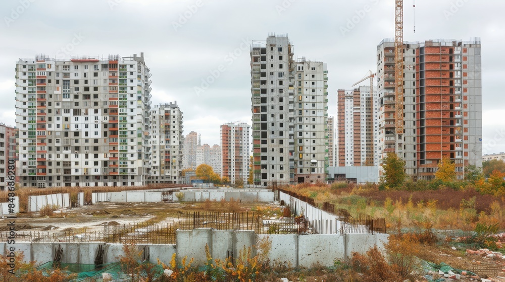 Obraz premium Urban construction site, multiple buildings in various stages of completion, concrete structures dominating the landscape