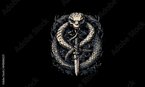 Snake and sword illustration, t-shirt design vector