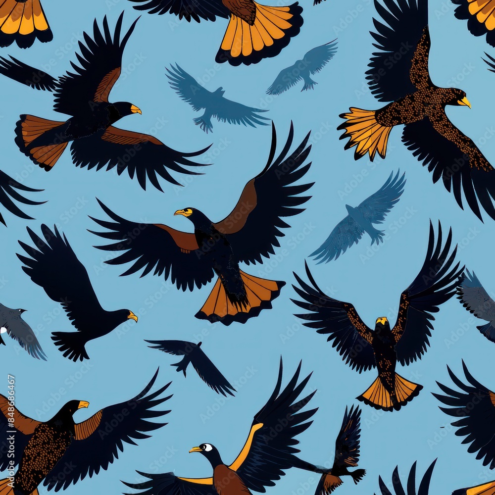 Seamless pattern of majestic birds of prey like eagles, hawks, and falcons, soaring through the sky with outstretched wings and keen eyesight, Generative AI Seamless pattern of majestic birds of prey like eagles, hawks, and falcons, soaring through the sky with outstretched wings and keen eyesight, Generative AI