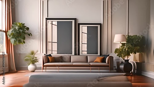 Modern Living Room With Sofa and Two Framed Pictures Generative AI