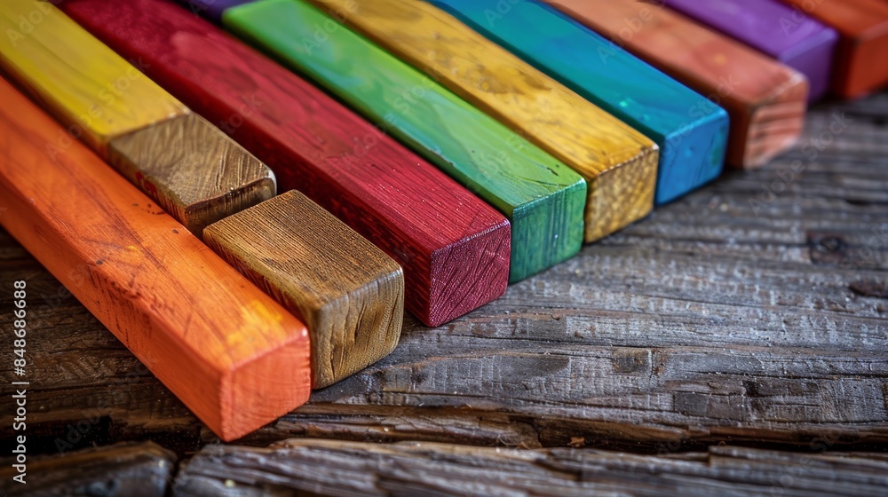 Vibrant dominoes placed with precision on a rustic wooden table, capturing the moment before they tumble in a perfect sequence Vibrant dominoes placed with precision on a rustic wooden table, capturing the moment before they tumble in a perfect sequence