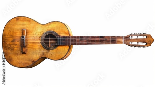 A classic guitar with a wooden finish on a transparent background