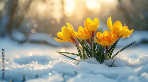 Springtime Beauty: Yellow Crocuses and Primroses Blossom Against Snowy Backdrop