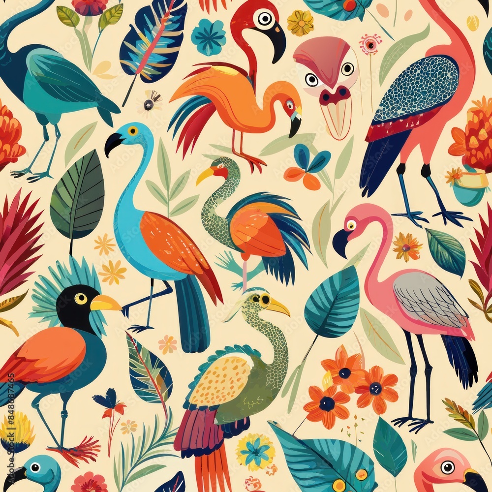 Naklejka premium Seamless pattern of unique avian species like flamingos, peacocks, and hornbills, displaying their striking feathers and distinctive features, Generative AI