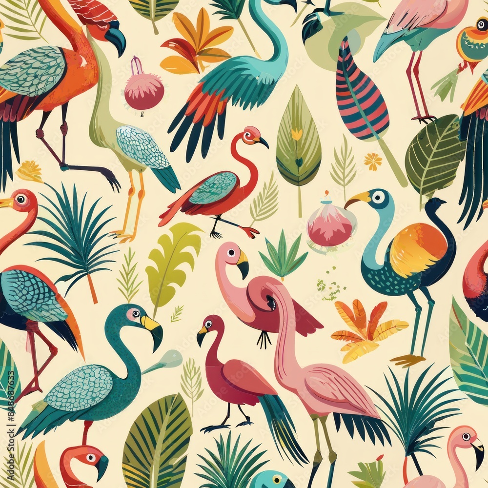 Naklejka premium Seamless pattern of unique avian species like flamingos, peacocks, and hornbills, displaying their striking feathers and distinctive features, Generative AI