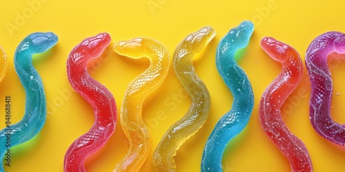 Group of marmalade snakes on yellow table