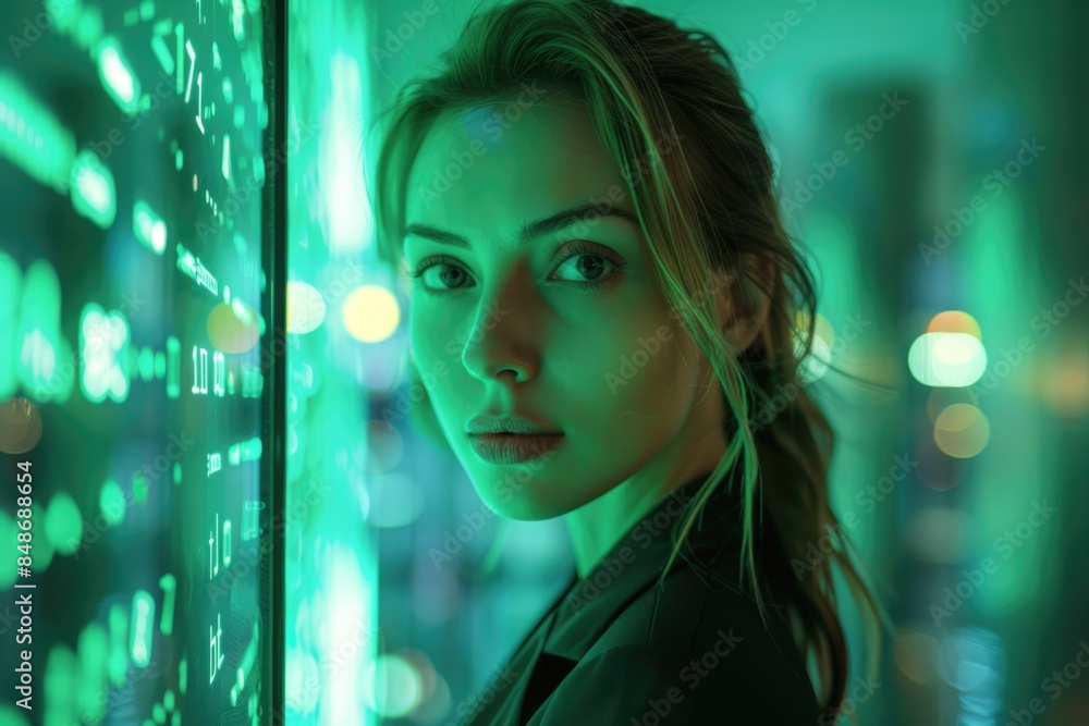 Woman standing in front of green background Woman standing in front of green background