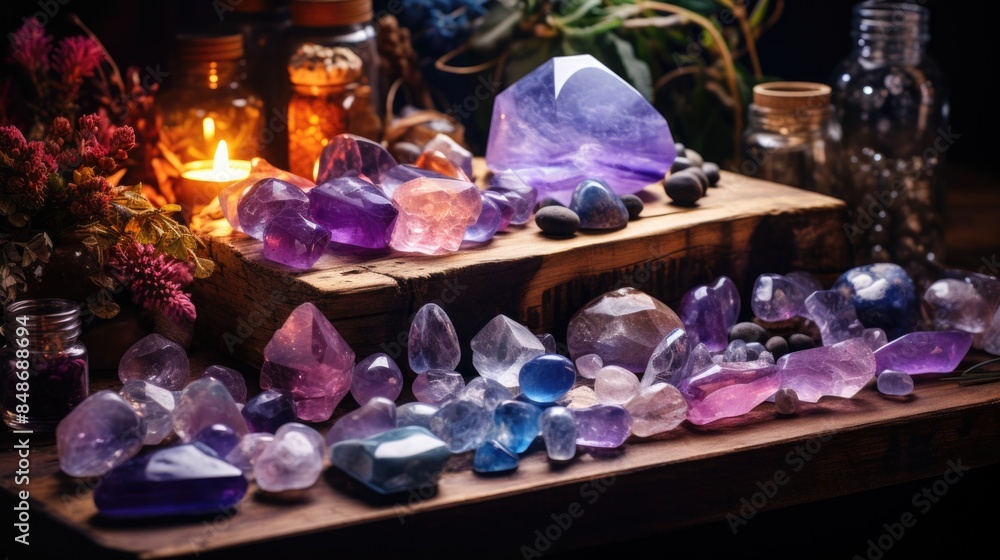 Fototapeta premium Wooden table with beautiful crystals and valuable stones. Decoration of the room of a magician, clairvoyant, fortune teller.