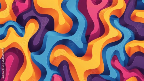 Colorful abstract shape puzzle maze with liquid flow dynamics, minimalist and seamless pattern integration