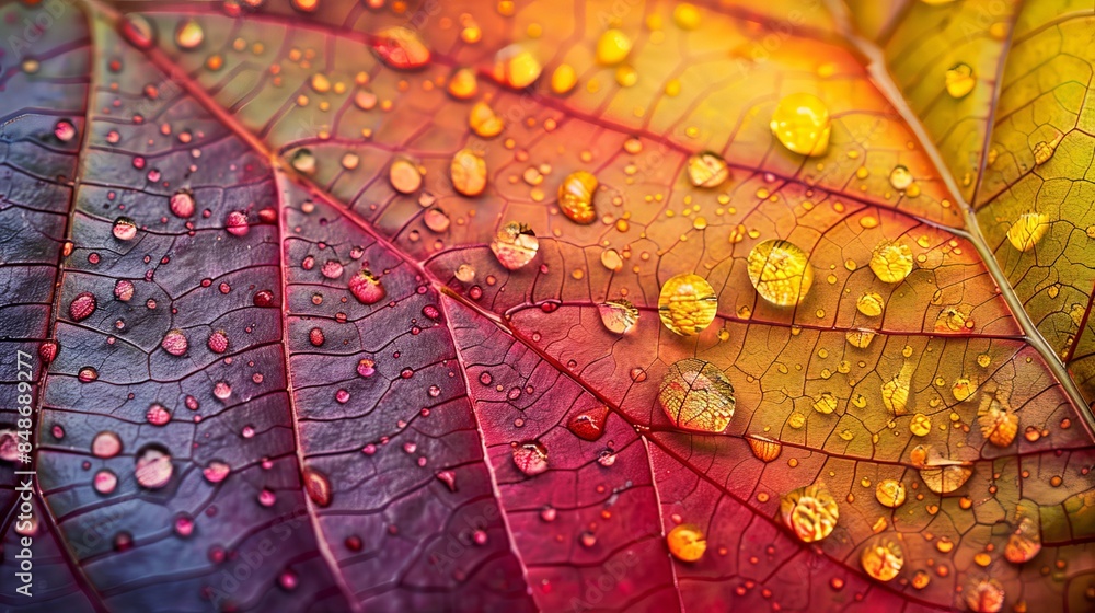 Fototapeta premium Colorful macro shot of a leaf with dew drops, highlighting the intricate details and rich hues of its natural texture