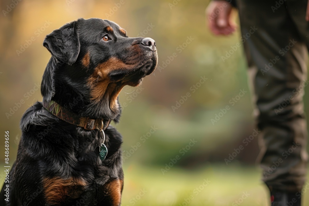 Security guard dog stands next to its owner in the field Security guard dog stands next to its owner in the field