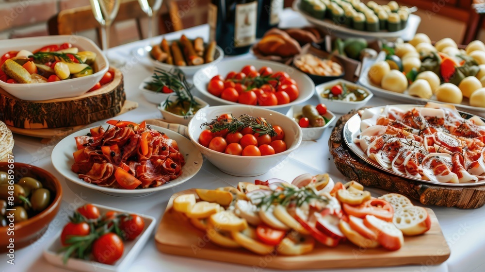 Spanish tapas appetizers on a table without any people visible Spanish tapas appetizers on a table without any people visible
