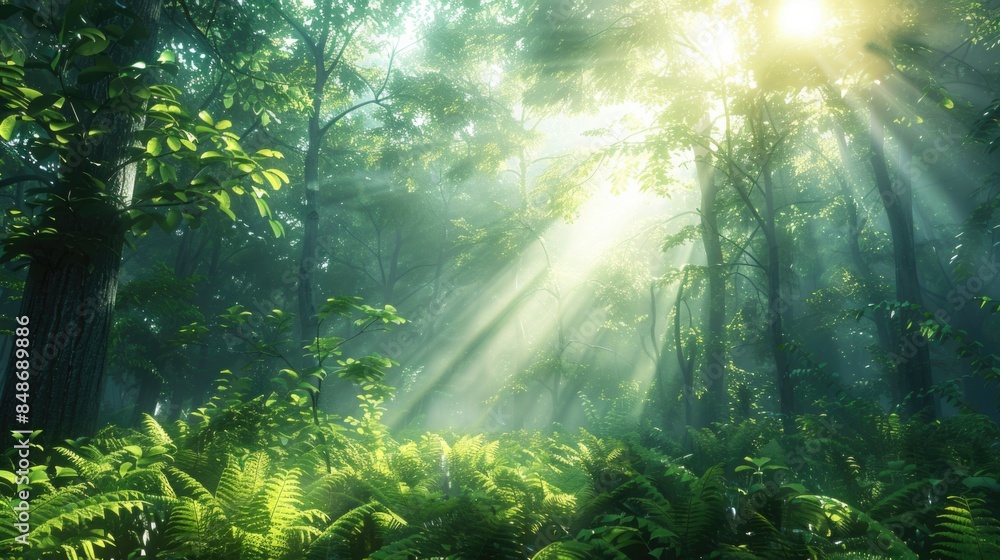 Fototapeta premium Sunbeams through foggy forest