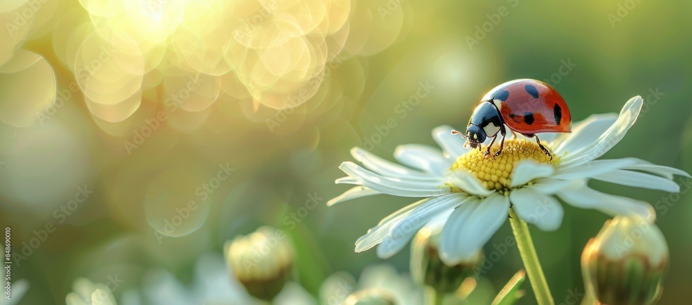Ladybug on dewy leaf with city skyline in background Ladybug on dewy leaf with city skyline in background