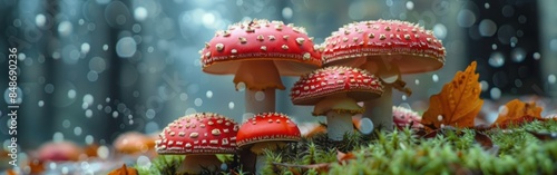 Enchanting Red Toadstool Amanita Muscaria Closeup on Mossy Forest Floor - Abstract Fantasy Illustration © hisilly