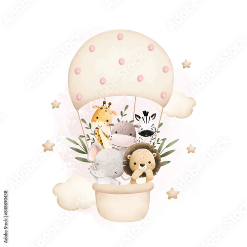 Watercolor Illustration Safari Animals Fly with Parachute in Sky with Cloud and Stars