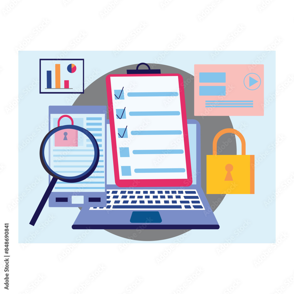 A checklist for account protection is displayed in the laptop. A checklist for account protection is displayed in the laptop.