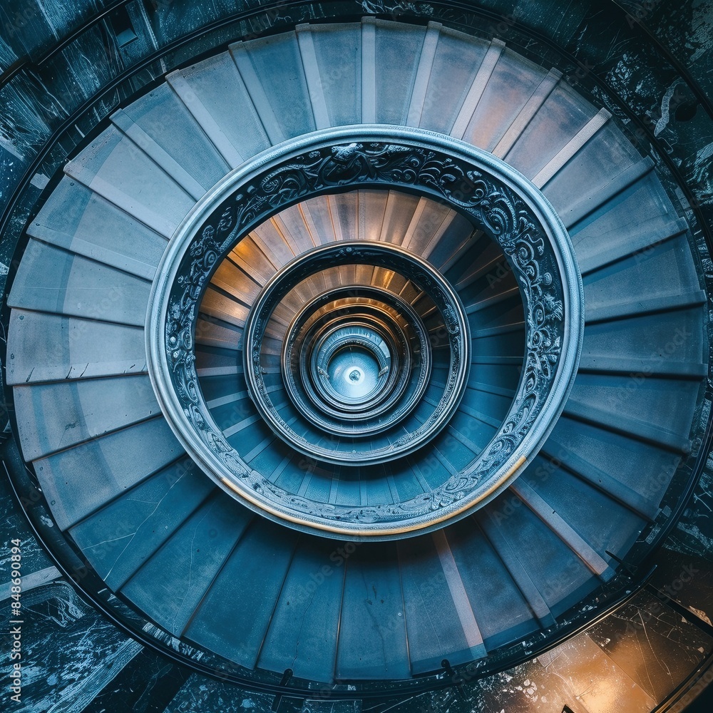 Fototapeta premium Escalera en espiral vista desde arriba con iluminación azul y detalles arquitectónicos intrincados