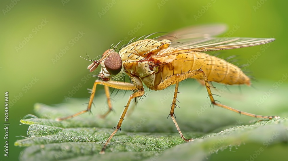 Detailed macro shot of a fly resting on a leaf, focusing on its delicate wings and the fine details of its body Detailed macro shot of a fly resting on a leaf, focusing on its delicate wings and the fine details of its body