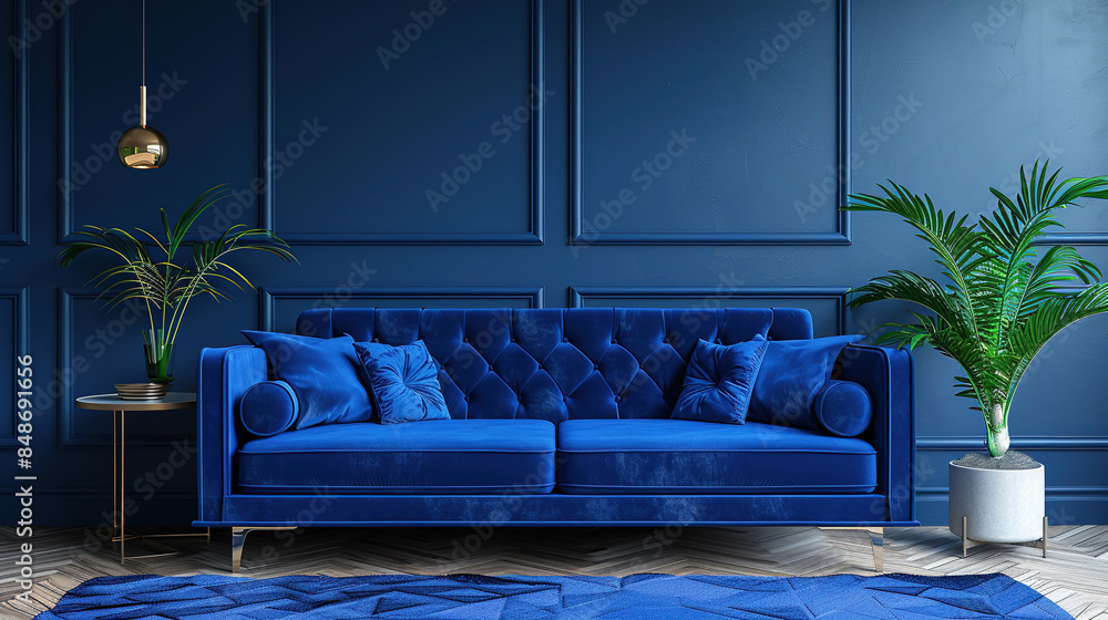 Obraz premium Elegant interior design. Modern interior design of the living room. Image of an exotic Interior of living room with blue sofa. Home decor. Stylish interior of cozy warm living room. 