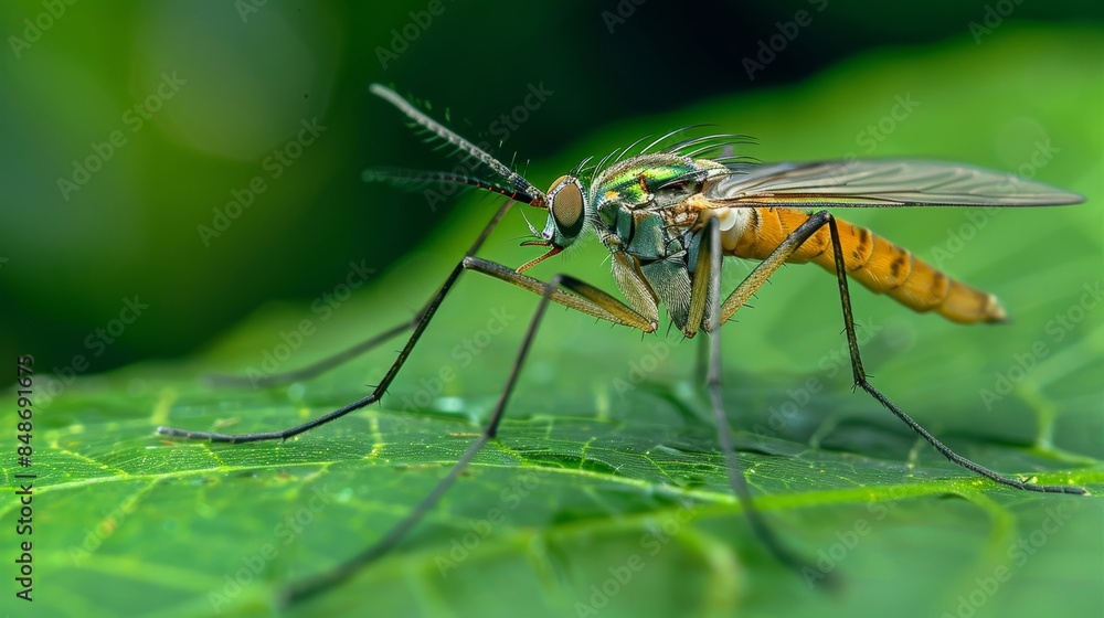 Detailed macro shot of a fly resting on a leaf, focusing on its delicate wings and the fine details of its body Detailed macro shot of a fly resting on a leaf, focusing on its delicate wings and the fine details of its body