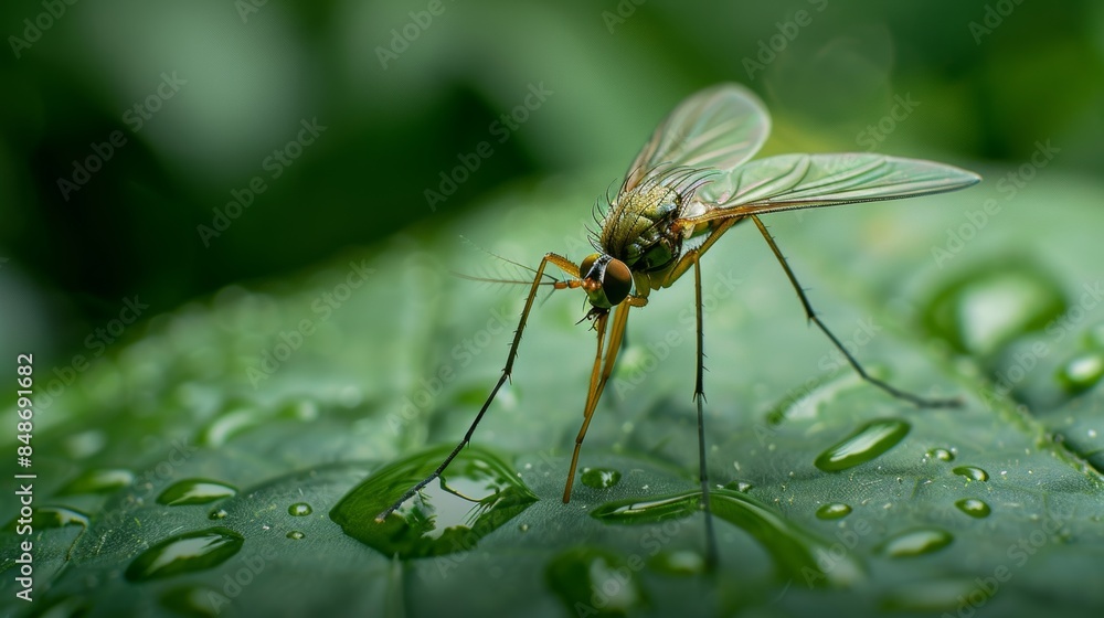 Fototapeta premium Detailed macro shot of a fly resting on a leaf, focusing on its delicate wings and the fine details of its body